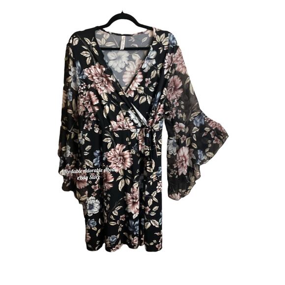 PER SEPTION CONCEPT Dress Plus Size 2X Black Floral Faux Wrap Style - Picture 1 of 9